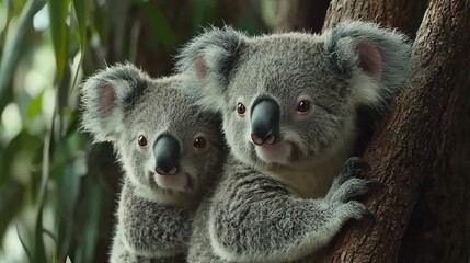 Naklejka premium Two koalas sit in a tree, one clinging to a branch and the other gazing at the camera