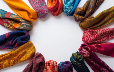 A vibrant arrangement of colorful scarves displayed in a circular pattern, showcasing various designs and textures.