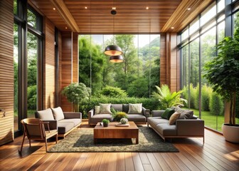 Fototapeta premium Elegant living room with wood-planked walls, floor-to-ceiling windows, and lush greenery, blending seamlessly with nature, creating a serene and organic atmosphere.
