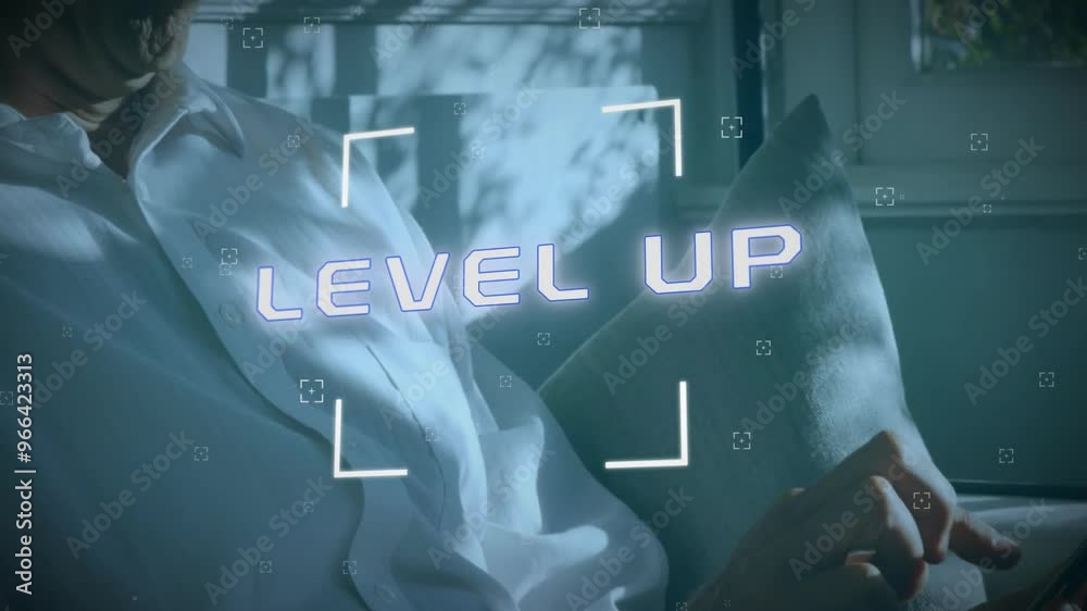 Poster animation of level up text and data processing over caucasian businessman using smartphone