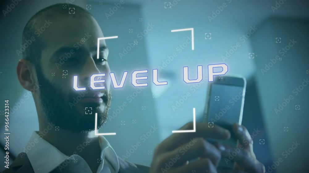 Poster animation of level up text and data processing over biracial businessman using smartphone
