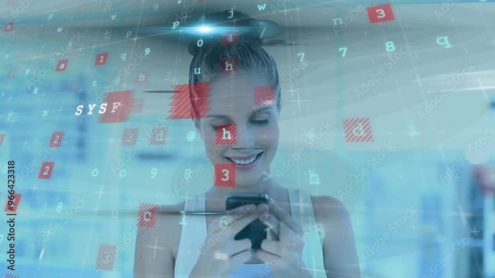 Poster animation of system hacked text and data processing over caucasian woman using smartphone