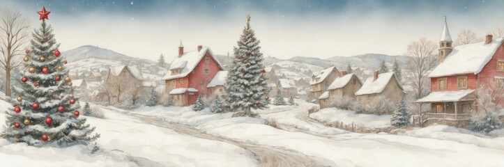 Christmas Village Greeting Card with Snowy Holiday Scene