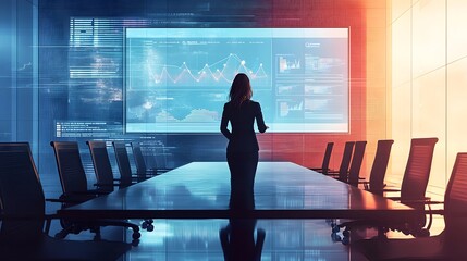 Businesswoman Presenting Data on a Large Screen in a Boardroom