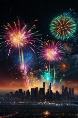 Vibrant Fireworks Display with Radiant Bursts of Red, Blue, and Gold Streaks Against Night Sky – Dazzling Explosions and Intricate Patterns Evoking Awe, Wonder, and Celebration Magic