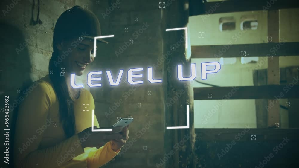Poster animation of level up text and data processing over caucasian woman using smartphone