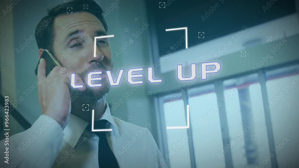 Poster animation of level up text and data processing over caucasian businessman using smartphone