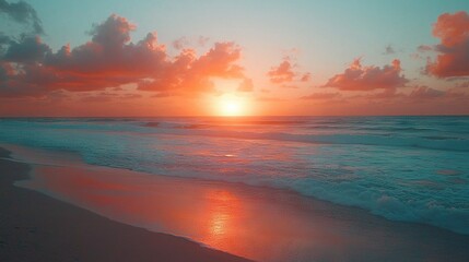 Fototapeta premium The sky is pink and blue as the sun sets over the ocean and waves crash onto the beach