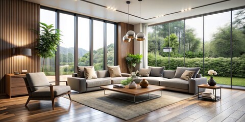 Elegant modern living room with minimalist decor, sleek furniture, and large windows, showcasing a serene blend of style and functionality in a contemporary home.