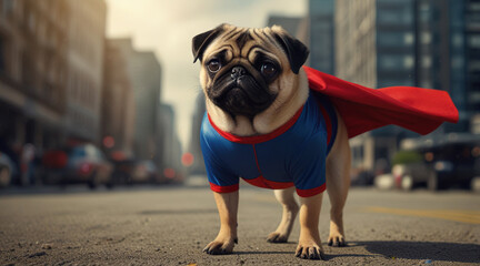 A superhero pug in a colorful costume poses confidently, showcasing bravery