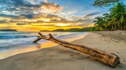 Obraz premium A log rests on a sandy shore beside the ocean during sunset, with palm trees framing the scene