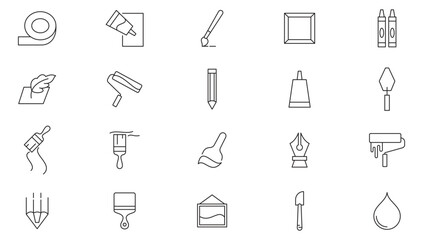 Brushes and painting line icon collection. Paint, paint roller, brush,  hammer, paint Bucket,  Spray, color palette, materials icon set. UI outline icon pack.