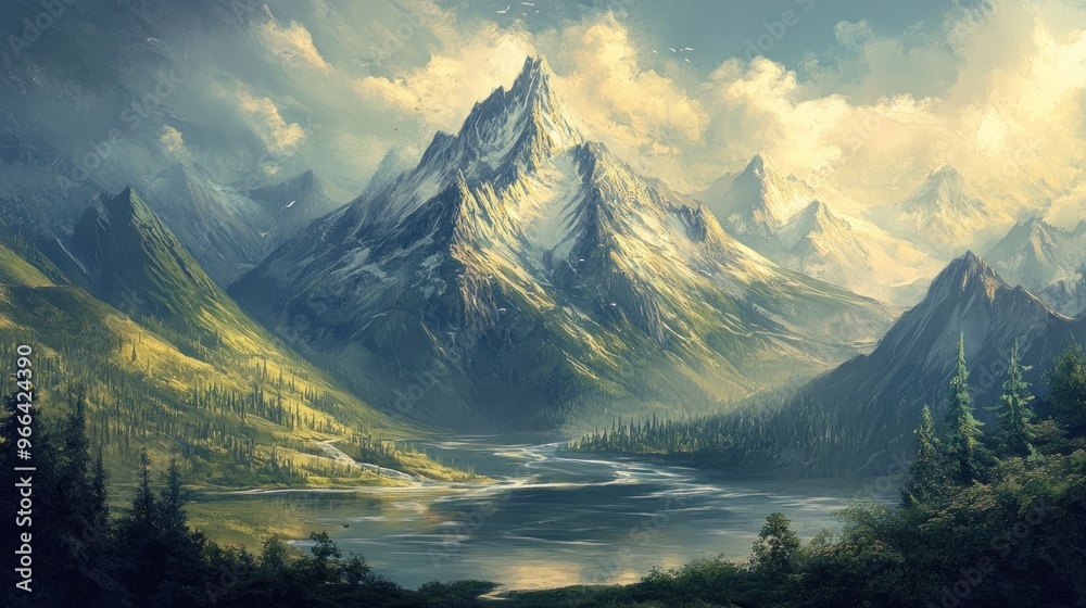 Sticker Majestic Mountain Landscape with Serene Lake