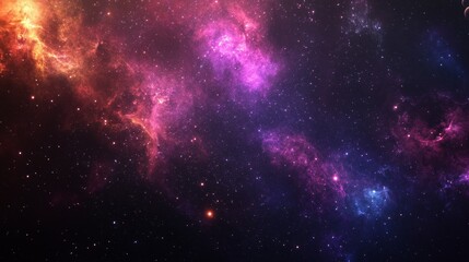 Naklejka premium A vibrant depiction of a cosmic scene featuring colorful nebulae and stars, evoking a sense of wonder about the universe.
