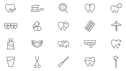 Dental clinic line icon collection. Dentistry, dentist, toothpaste, treatment, toothbrush, teeth, implant doctor, and check up icon set. UI outline icon pack