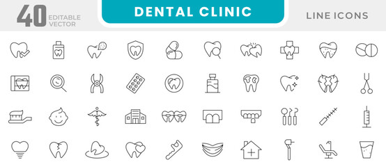 Dental clinic line icon collection. Dentistry, dentist, toothpaste, treatment, toothbrush, teeth, implant doctor, and check up icon set. UI outline icon pack