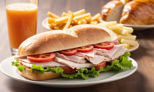 A turkey sub with tomatoes and lettuce on a white plate, served with a side of french fries