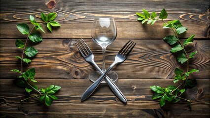 Elegant silver wine glass and fork crisscross above a rustic wooden background, surrounded by lush greenery, perfect for a sophisticated food and wine brand logo.