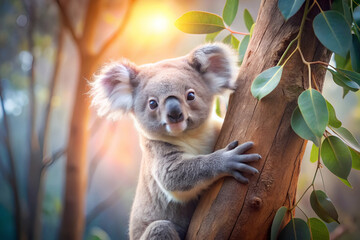 Obraz premium A baby koala is sitting on a tree branch. The tree is surrounded by green leaves. The koala is looking at the camera with a curious expression