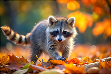 Fototapeta premium A baby raccoon is walking through a pile of leaves. The leaves are orange and yellow, and the raccoon is small and cute