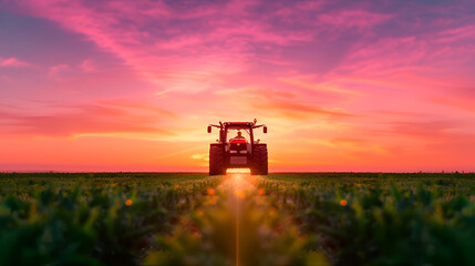Fototapeta premium Red Tractor The Field With Amazing Sunset Backg