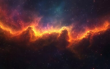 Fototapeta premium A vibrant cosmic scene depicting a colorful nebula with fiery edges and a starry background, evoking wonder and exploration.