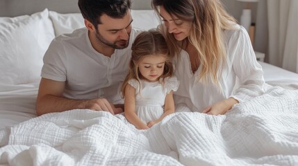 Obraz premium A family of three in bed enjoying their time together, highlighting family bonding, relaxation, and togetherness