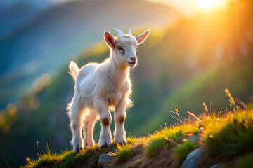 Obraz premium A goat is standing on a grassy hillside, looking up at the camera. The scene is peaceful and serene, with the sun shining down on the goat and the surrounding landscape