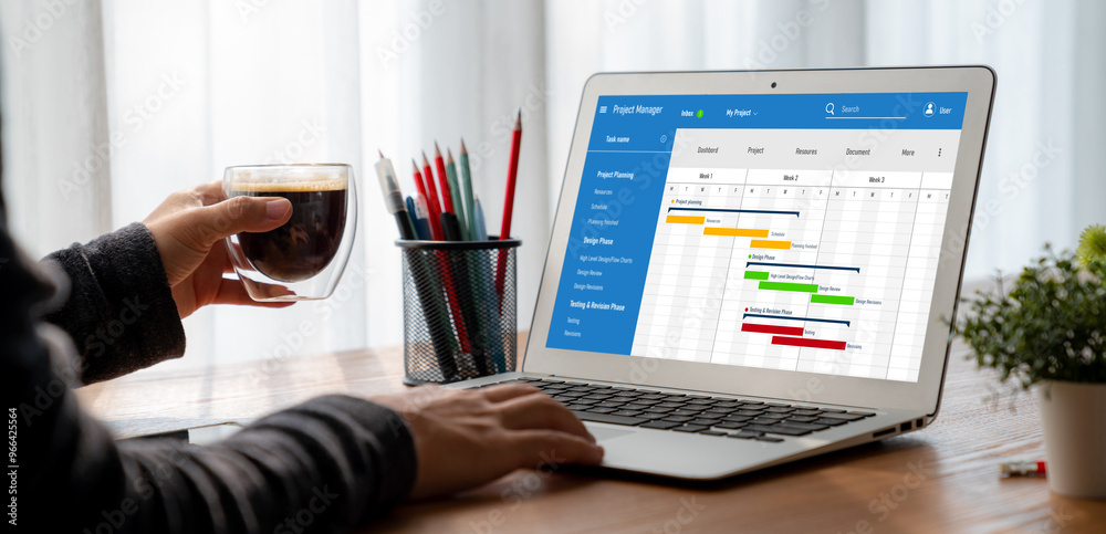 Poster project planning software for modish business project management on the computer screen showing time