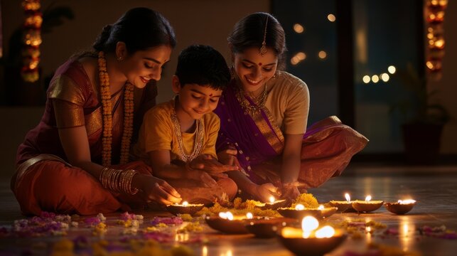 Family lighting Diwali divas, colorful decorations, November 13