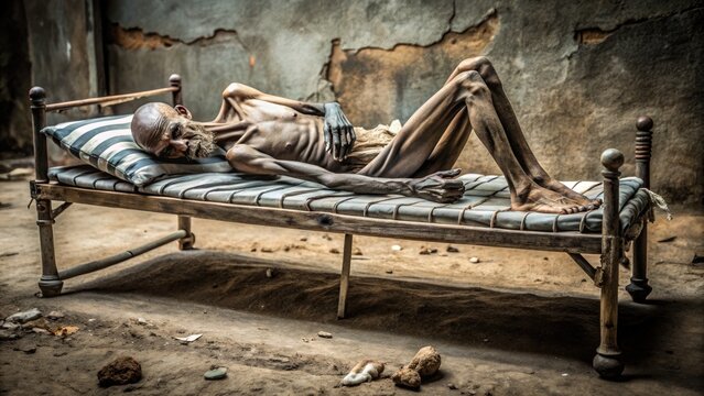 Emaciated ribcage and frail, stick-like limbs of a suffering individual, laying on a makeshift bed in a desolate, poverty-stricken environment, convey desperation and hopelessness.