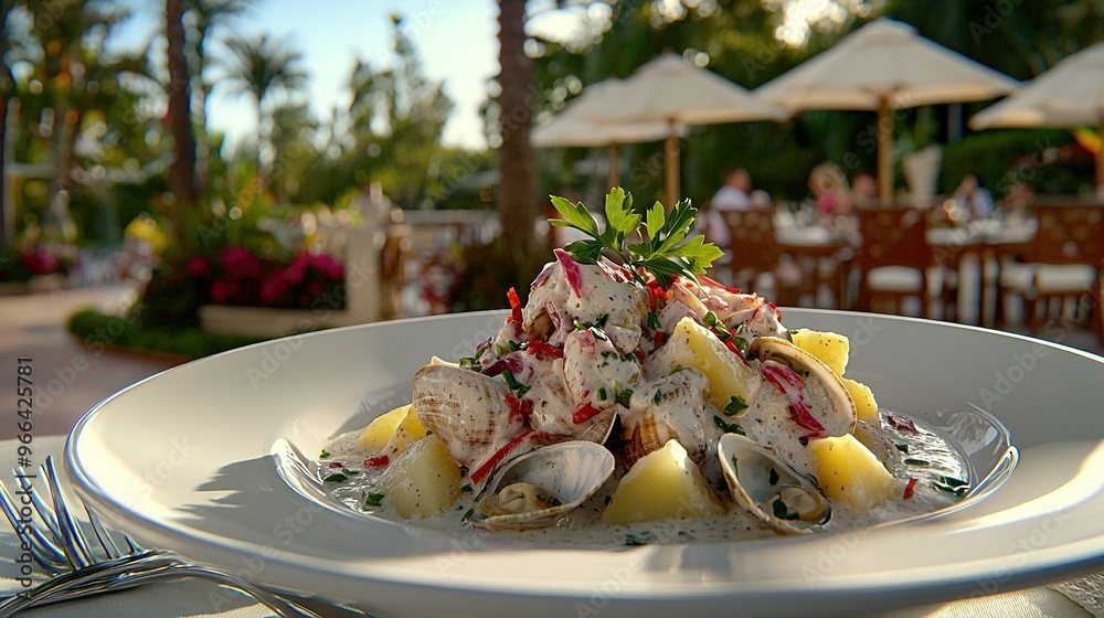 Sticker   A table with a plate of food is positioned beside a table with chairs and umbrellas in the background