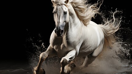 Majestic white horse galloping on a dramatic black background.