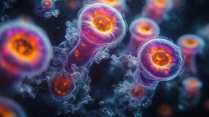 Microscopic view of protozoa swimming in water, showcasing their vibrant colors and structures