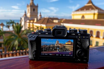 Camera Capturing a Picture of an Old Cityscape