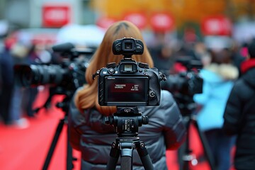 Fototapeta premium Camera on a Tripod at a Red Carpet Event