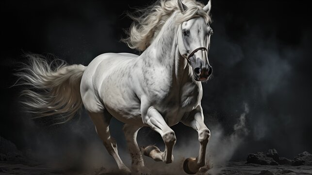 Majestic white horse galloping on a dramatic black background.