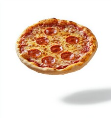 A flying pizza with pepperoni on a white background. Pizza and beer day
