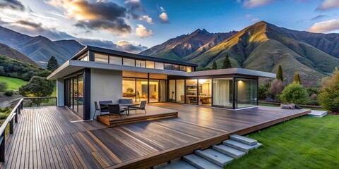 Exterior of a beautifully renovated modern home in Nelson, New Zealand, with a expansive deck, large windows, and a stunning mountainous landscape backdrop.