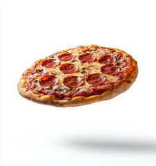 A flying pizza with pepperoni on a white background. Pizza and beer day