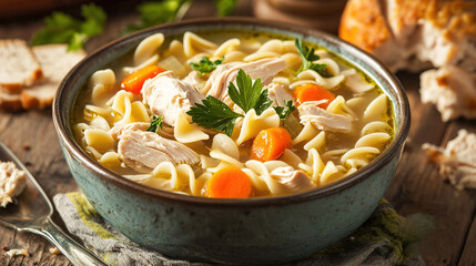   Bowl of chicken noodle soup with vegetables on wooden table