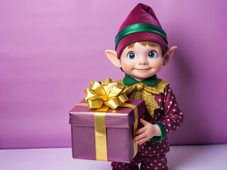 Fototapeta premium Christmas elf with christmas gift on isolated background