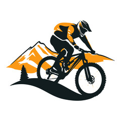 Obraz premium Minimalist mountain bike (MTB) logo featuring a bold bike silhouette against rugged terrain. Ideal for outdoor adventure and cycling brands, with earthy tones for a dynamic and professional look