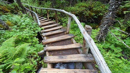 Fototapeta premium A forest trail constructed from tree trunks, with a meandering river flowing between them