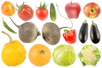 Beautiful collection of vegetables and fruits on a white