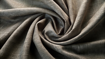 Close-up of textured fabric in gray tones, elegantly twisted to showcase its weave and softness