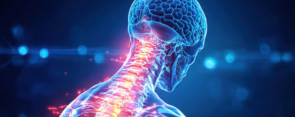 A detailed representation of the human spine and nervous system in a digital format, showcasing vibrant neural pathways.