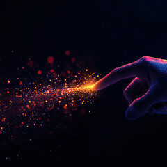 A mesmerizing finger touches a glowing spark, creating a cascade of vibrant particles against a dark background.