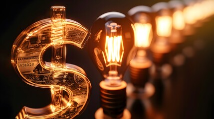 Illuminated Dollar Sign Light Bulb with Blurred Background