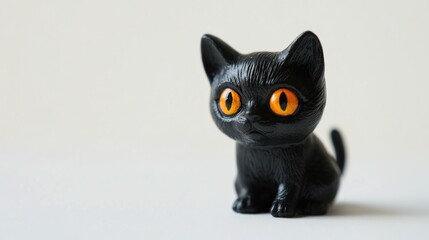Obraz premium A small black cat figurine with bright orange eyes, sitting on a light background.